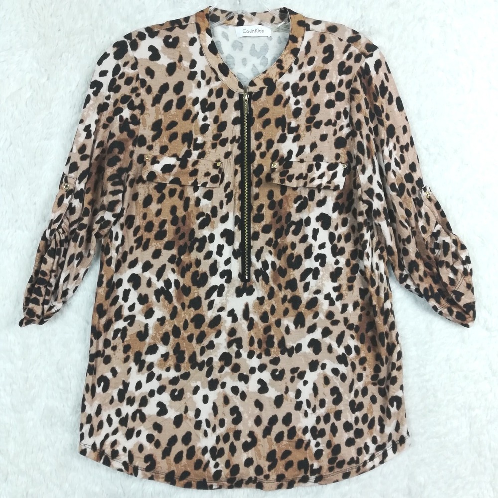 Calvin Klein Womens‎ Blouse Top Half Zip Cheetah Print 3/4 Roll Tab Sleeve M
